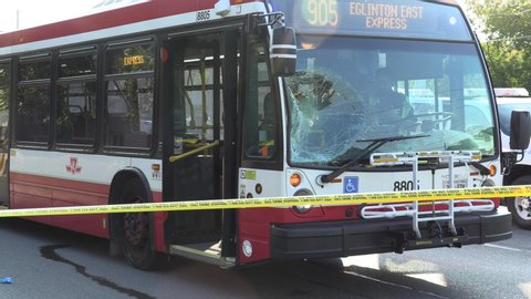 Toronto, Ontario. Canada September 2019 Car accident with pedestrian and bus on city street in Toronto