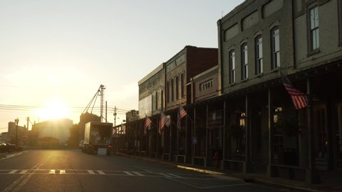 Plains , Georgia / United States - 09 06 2019: Beautiful Historic Town and Storefronts at Sunset.