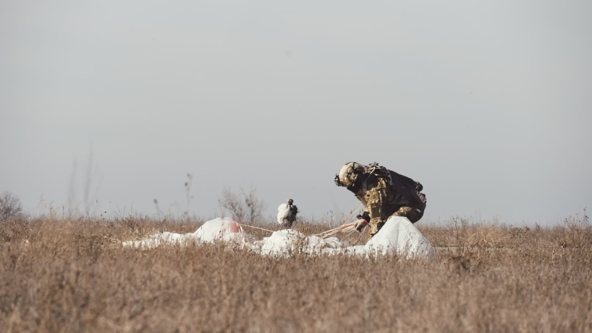 Exciting view of a military parachuter packing his round white parachute in a boundless rusty field on a sunny day in autumn in slow motion.