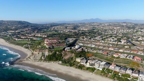 Aerial view of Salt Creek and Monarch beach coastline. Small neighborhood in Orange County, California located within the city of Dana Point. USA. Aerial view of wealthy villa and coastline. 