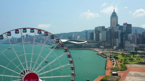 Hong Kong,Hong Kong / Hong Kong - 09.16.2019: Amazing drone shoot time lapse in Hong kong harbour on a beautiful sunny day