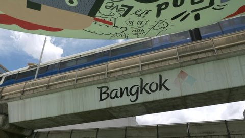 Bangkok , Bangkok / Thailand - 08 30 2019: BTS Skytrain arriving from SIAM at National Stadium. MBK Shopping center in Bangkok Thailand. August 2019