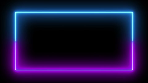 Neon light glowing rectangle frame, blue and purple light. Ultraviolet fluorescent led banner.Flashing light. Night club signboard with empty space for logo or text.Animation on black background loop 