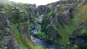 4k drone forward video (Ultra High Definition) of waterfalls on Skoga river. Sunny summer view from the tourist trek from famous Skogafoss waterfall to the top of the river, Iceland, Europe.