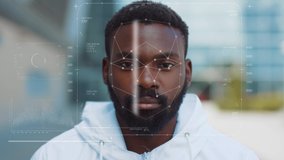 Future. Face Detection. Technological 3d Scanning. Biometric Facial Recognition. Face Id. Technological Scanning of the Face of Handsome Young African American for Facial Recognition. Shoted by Arri - Powered by Shutterstock - Get 15% off with code: PIKWIZARD15