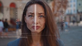 Future. Face Detection. Technological 3d Scanning. Biometric Facial Recognition. Face Id. Technological Scanning Of The Face Of Beautiful Caucasian Woman In The City For Facial Recognition. Shoted By - Powered by Shutterstock - Get 15% off with code: PIKWIZARD15