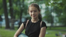 Future. Face Detection. Technological 3d Scanning. Biometric Facial Recognition. Face Id. Technological Scanning Of The Face Of Beautiful Caucasian Child In The Park For Facial Recognition. Shoted By - Powered by Shutterstock - Get 15% off with code: PIKWIZARD15