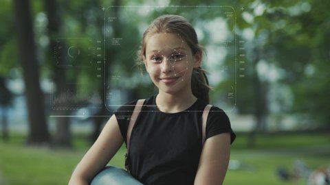 Future. Face Detection. Technological 3d Scanning. Biometric Facial Recognition. Face Id. Technological Scanning Of The Face Of Beautiful Caucasian Child In The Park For Facial Recognition. Shoted By