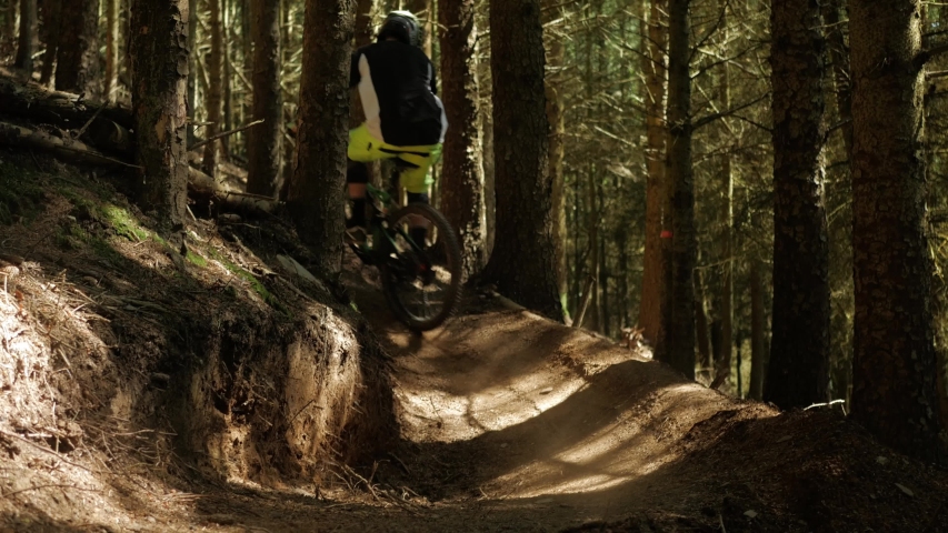 Barnstaple / United Kingdom (UK) - 05 20 2019: Mountain Biking Mtb Cyclist man Cycling On Bike down through the forest. UK