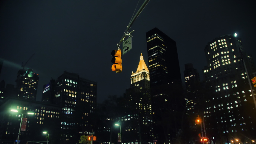 Traffic Light on Madison Square at Night, New York City