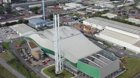 Aerial view of Garbage incineration plant. Waste incinerator plant in Splott, Cardiff, Wales, UK.  The problem of environmental pollution by factories