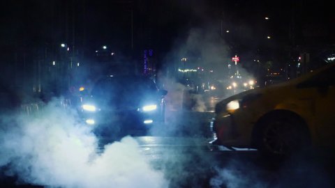 New York City Steam At Night - Extreme Slow Motion Cars Driving Through Smoke