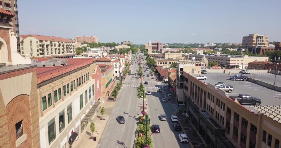 An aerial drone flight over the Country Club Plaza and Brush Creek in Kansas City, Missouri.
