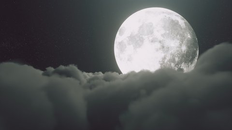 Beautiful realistic flight over cumulus lush clouds in the night moonlight. A large full moon shines brightly on a deep starry night. Cinematic scene. Seamless loop 3d render