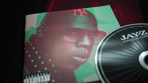 Rome, September 14, 2019: CDs and artwork of JAY-Z. rapper, entrepreneur, American record producer. 3d effect of the album cover of KINGDOM COME from 2006