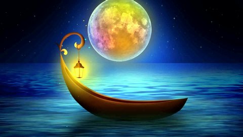 boat fantasy and beautiful moon on the sea, best loop video background for relaxing and calming