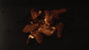 Top view of fried chicken wings flying upwards with blazing fire. Slow motion video on black background