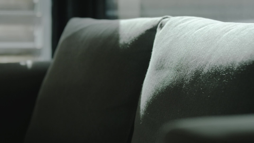 M CU of Young man in 20's or 30's dusting off a couch during spring cleaning at home, clouds of dust flying from cushions. Cleaning house concept. Slow motion. Shot on Red Camera. 4k Version listed. Royalty-Free Stock Footage #1037830262