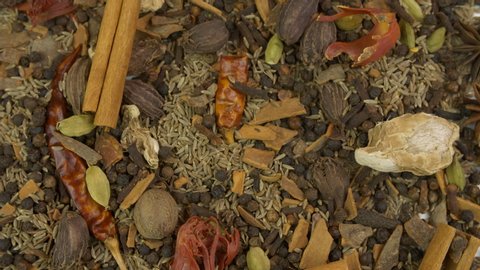 Closeup shot of a mixture of traditional raw spices which gives flavors to Indian cuisine. Spice of India - Variety of dry Indian spices like cardamom, peppercorns, cinnamon, cassia bark, cumin see...