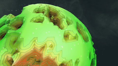 Green and Orange Alien Planet in space rotating 3D animation. Clip contains space, strange topographical planet, cosmos, globe. Great 4k projection map or kids show.
