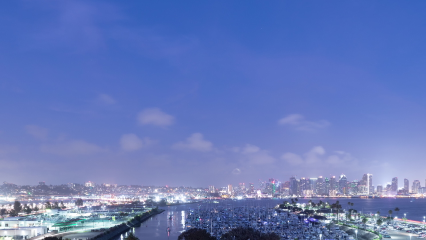 Time lapse of the San Diego skyline at night.