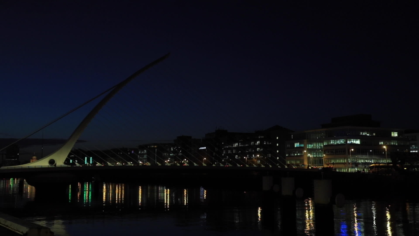 Night time view across the river Liffey in Dublin city, Ireland.