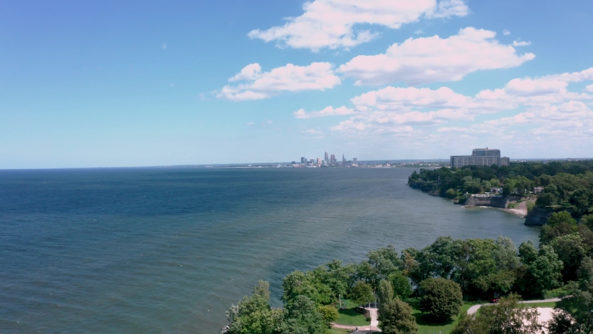Aerial view of city on the shore of Lake Erie