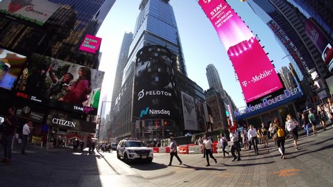 New York NY/USA-September 26, 2019 The display on the Nasdaq stock exchange in Times Square displays video for the initial public offering of the at-home fitness company company Peloton Interactive