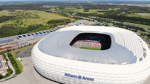 MUNICH, GERMANY - CIRCA 2019: Fly over Allianz Arena, a modern German football stadium and a home ground of football club Bayern Munich