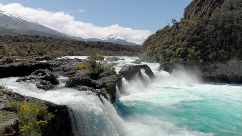 Forest, rapids and volcano Osorno, Patagonia landscape of Saltos de Petrohue, the region of Los Lagos, Chile. 4k