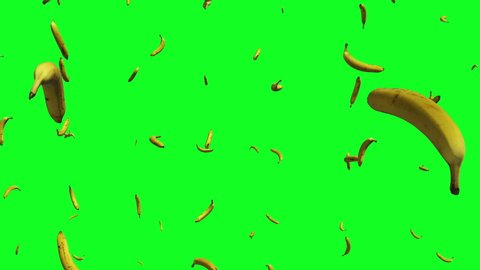 Green screen animation of 3d yellow bananas falling. Rain of tropical fruits. Close up view. Natural health concept. Chroma key background