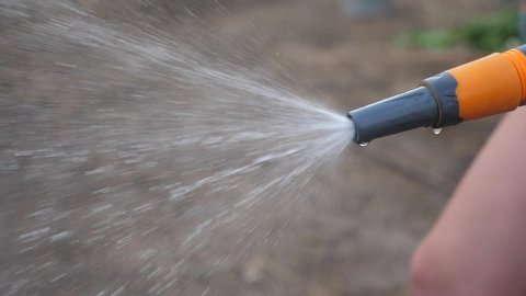 gardening garden care concept. splashing lifestyle water slow motion video . woman holding a garden hose watering. Gardener the vegetable with watering hose and water sprayer