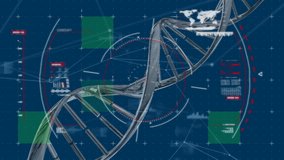 Animation of a turning 3d DNA strand with data and world map on dark blue background - Powered by Shutterstock - Get 15% off with code: PIKWIZARD15