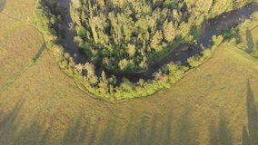 Epic Aerial Reveal Flight Over Forest Morning The River Stream. Beautiful Sunrise Colors Hills. Spirituality Inspiration Vacation Concept Drone Shot