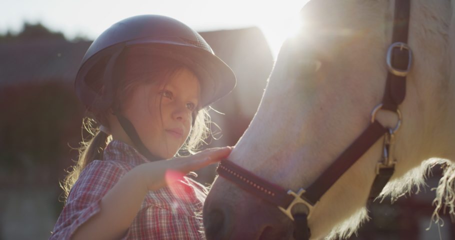 Authentic close up shot of a cute little girl with a jockey helmet is caressing and kissing a white pony horse at riding stable with a sunshine.