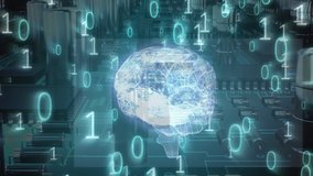 Animation of a glowing blue 3d brain revolving against a background of a computer circuit board with pale light trails and binary coding moving through it - Powered by Shutterstock - Get 15% off with code: PIKWIZARD15