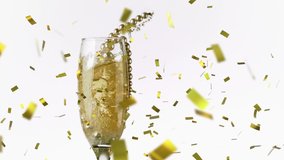 Animation of golden necklace falling in a champagne glass while golden confetti is falling on gradient white to black background - Powered by Shutterstock - Get 15% off with code: PIKWIZARD15