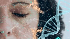 Animation of a turning 3d strand of DNA over a close up of the face of a young Caucasian woman in the background, with network links and blue shapes moving over her face in the foreground - Powered by Shutterstock - Get 15% off with code: PIKWIZARD15