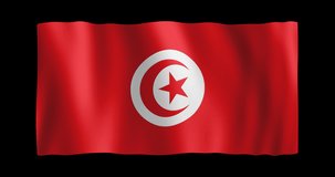 Flag of Tunisia, conformed to long ratio (2:1); gentle, stylized, non-realistic, unhinged waving; seamless loop animation with alpha channel; nice textile pattern visible in 4k
