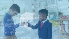 Animation of a side view of a Caucasian and an African American schoolboy shaking hands and smiling while a schoolgirl is sitting in the background and a white globe is turning and white digital data - Powered by Shutterstock - Get 15% off with code: PIKWIZARD15