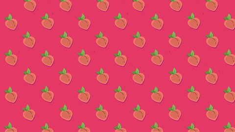 A tasty animation: a repeated pattern of an orange peach,ing towards the upper left angle, over a pale red background.
