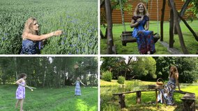 Girl put cornflower crown. Woman drink wine on swing. Playing badminton in nature. Eating fruits near river. Montage of video footage clips collage. Split screen. White angular frame. 4K UHD 2160p