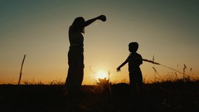 Silhouettes: Mom with little son playing with dog at sunset. The dog jumps up, catches the ball. Slow-motion video