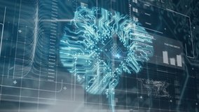 Animation of a glowing green 3d brain against a background of a computer circuit board - Powered by Shutterstock - Get 15% off with code: PIKWIZARD15