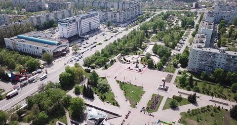 Old Oskol, Russia - May 4, 2019: Panoramic view from drone of the residential district of city Old Oskol. Russia