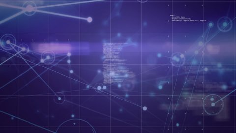 Animation of network connections with data processing and blue linked dots on a grid and purple background