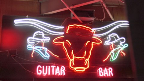 Fort Worth, Texas - September 26 2019: Billy Bob's Neon Signs, Guitar Bar
