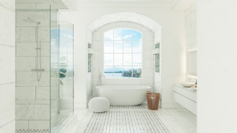 Luxury White Bathroom Interior With Beautiful View
