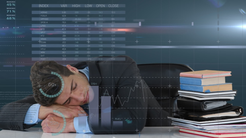 Animation of a young Caucasian businessman sleeping on a desk with a stack of books next to him with financial data moving around him - Powered by Shutterstock - Get 15% off with code: PIKWIZARD15