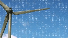 Animation of a turning wind turbine against blue sky with changing binary coding in white filling the foreground  - Powered by Shutterstock - Get 15% off with code: PIKWIZARD15